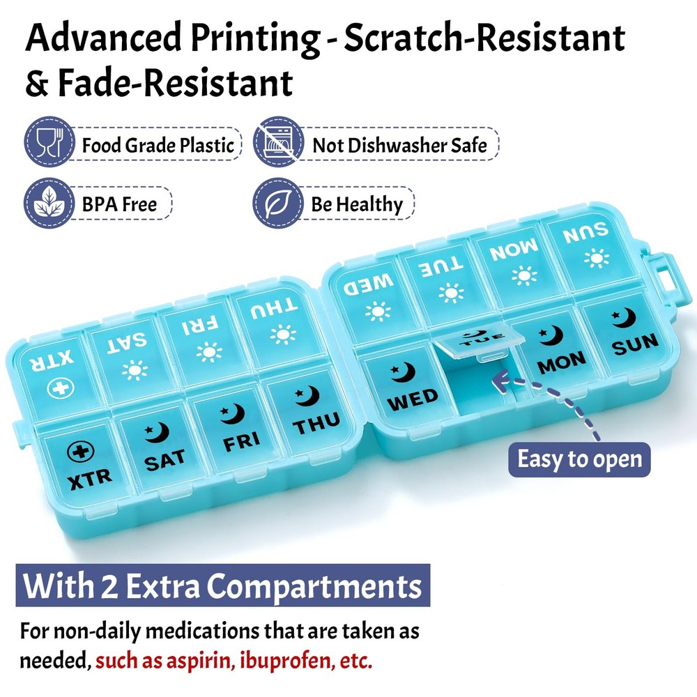 Foldable Weekly Pill Organizer 2 Times a Day with 2 AM & PM & EXTRA, Sky Blue