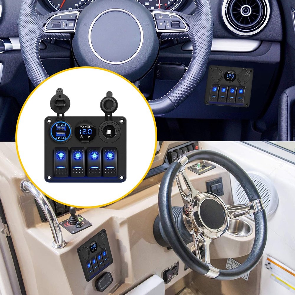 High Quality 4 Gang Blue LED Rocker Switch Panel Breakers Car Marine Boat RV