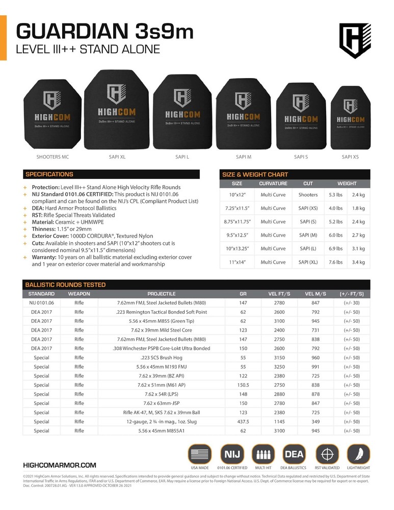 Highcom 3S9M (2) Armor Plates, 1 SAPI medium and 1 Shooters Cut 10x12