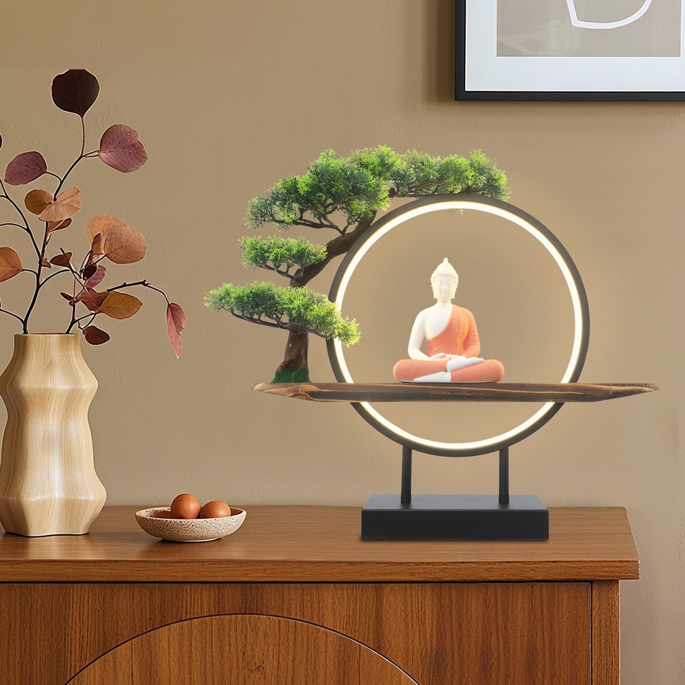 Desktop Decorative Buddha Statue Ornament With LED Circle Lamp+Artificial Tree