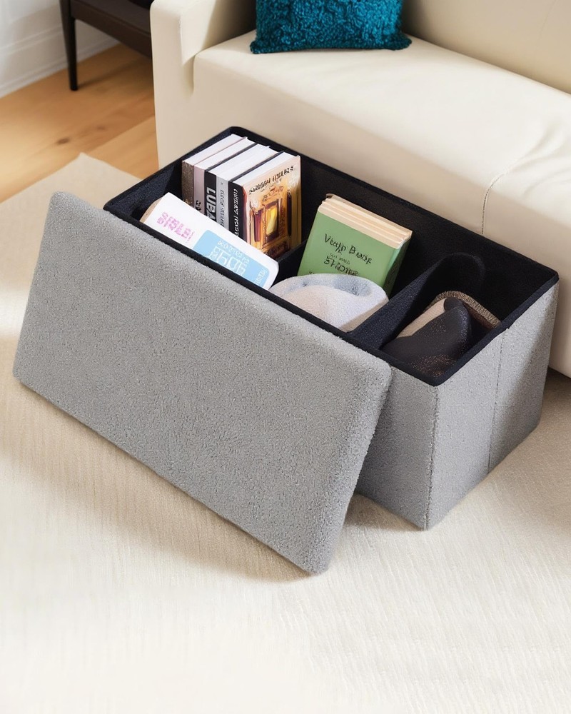 30 Inch Storage Ottoman Bench, Boucle Folding Ottoman Footstool, Rectangular ...