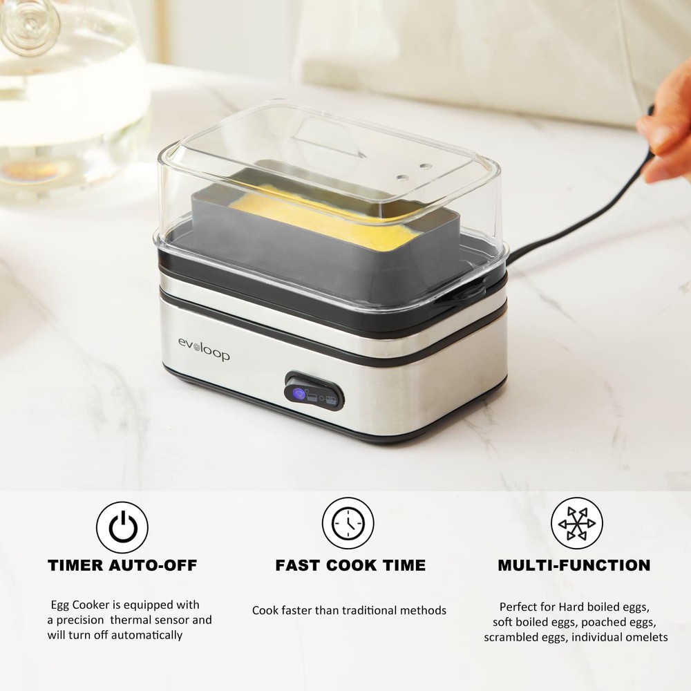 Evoloop Rapid Egg Cooker Electric 6 Eggs Capacity, Soft, Medium, Hard Boiled, Po