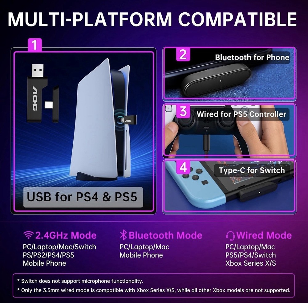 AOC Wireless Gaming Headset Compatible With PS5/4, Switch, PC, Bluetooth 5.4