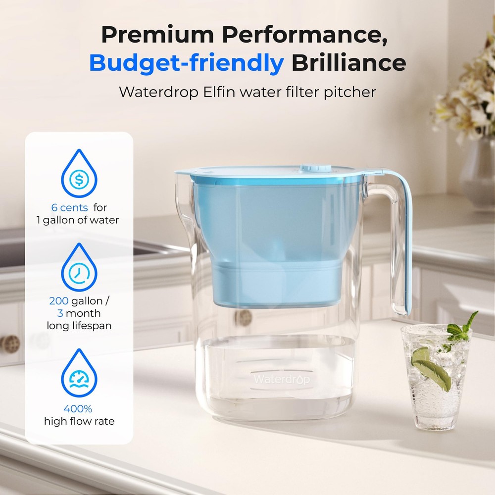 Waterdrop Water Filter Pitcher, 200-Gallon Long-Life, Countertop NSF Certified W