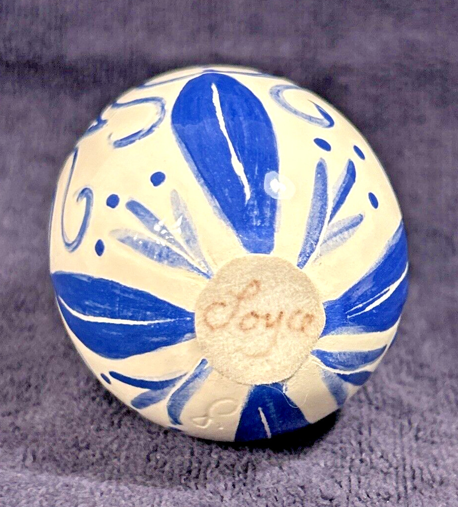Ceramic Egg Small Folk Art Glazed Blue on White
