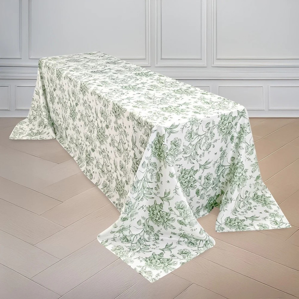 WHITE DUSTY SAGE 90" x 132" French Toile Polyester Rectangular Tablecloth