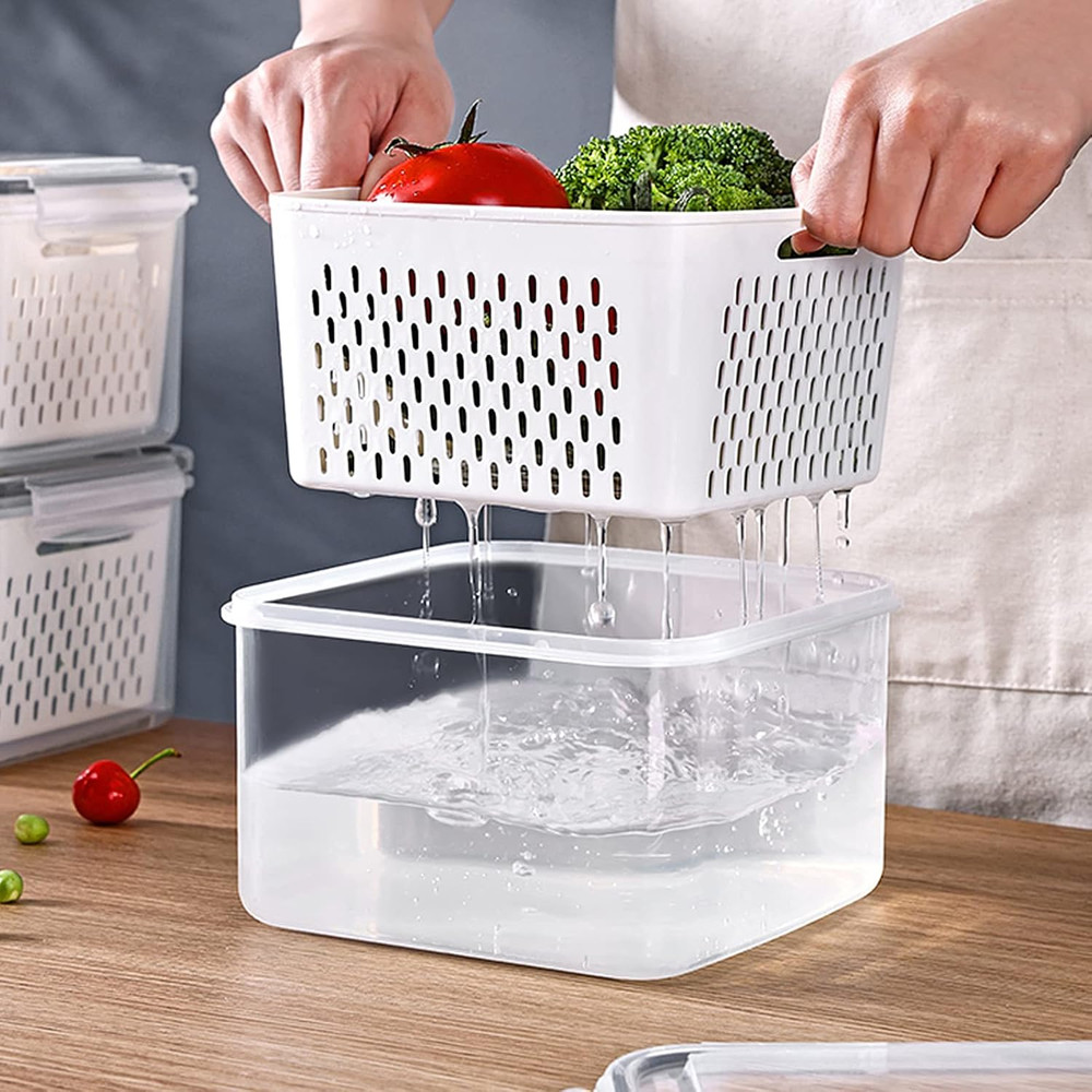 3Pack Fridge Food Storage Container Set with Lids with Strainer,Plastic Fresh Pr