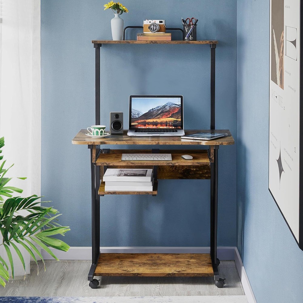 Yaheetech 3 Tiers Rolling Computer Desk with Keyboard Tray and Printer Shelf