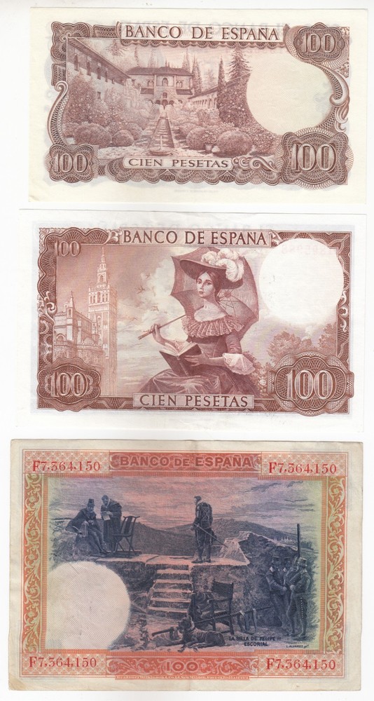 Spain, 100 Pesetas, Set of 3 Different Issues, Banknotes,