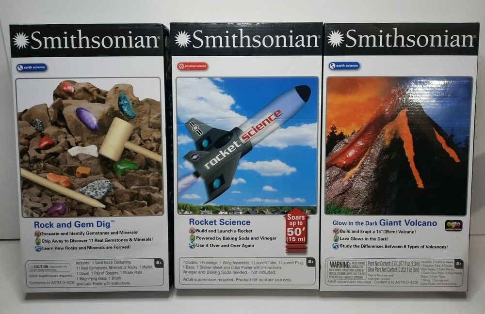 NIB SMITHSONIAN 3 KIT SET SCIENCE ROCKET VOLCANO ROCK & GEM DIG  Educational Toy