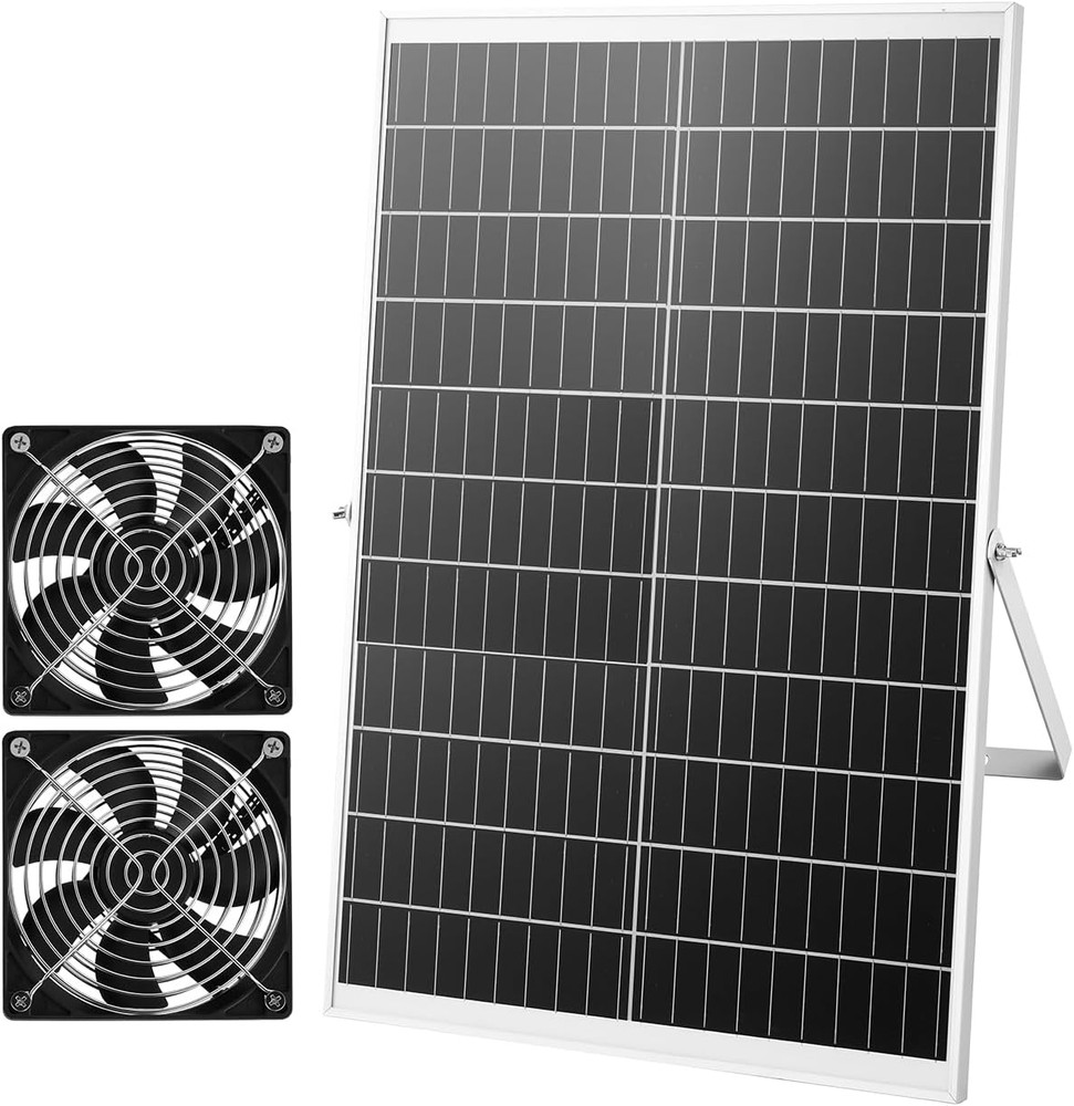Solar Powered Fan, 30W Solar Panel with 2 Fans, Adjustable Solar Panel Angle, 26