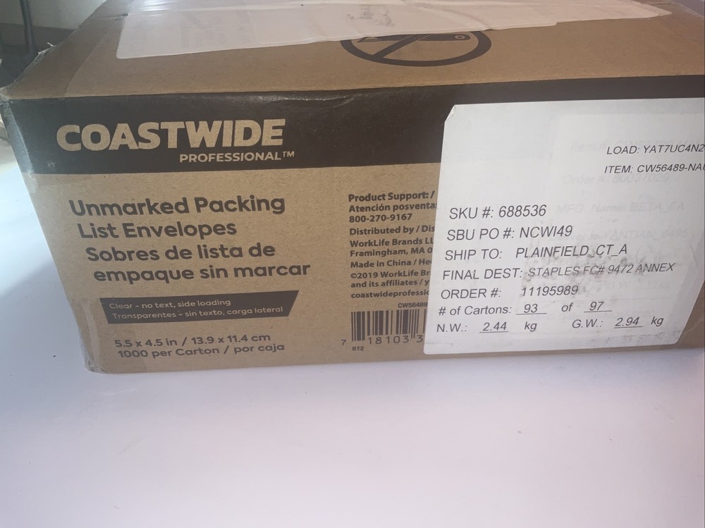 4.5" x 5.5" Plain Face No Print Packing List Envelopes Back Load, 1000 Pieces