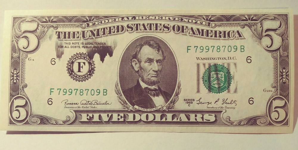 1969 $5 Federal Reserve Note Smear ERROR (#PM-133)