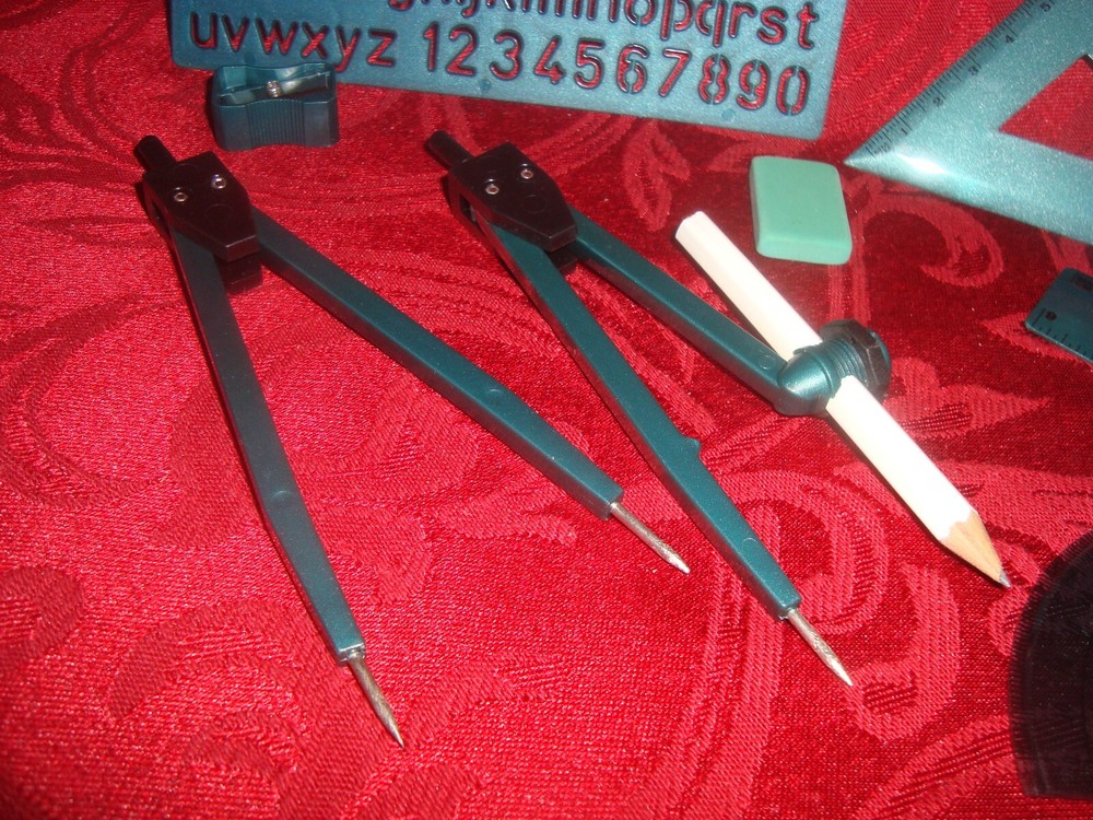 10 pc Student Math Drawing Set Protractor Compass Triangles Ruler ABC Stencil