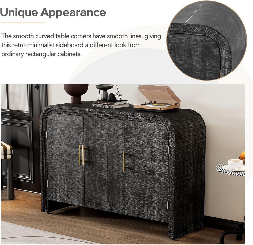 Rustic Buffet Sideboard with Gold Handles, Adjustable Dividers, Antique Black