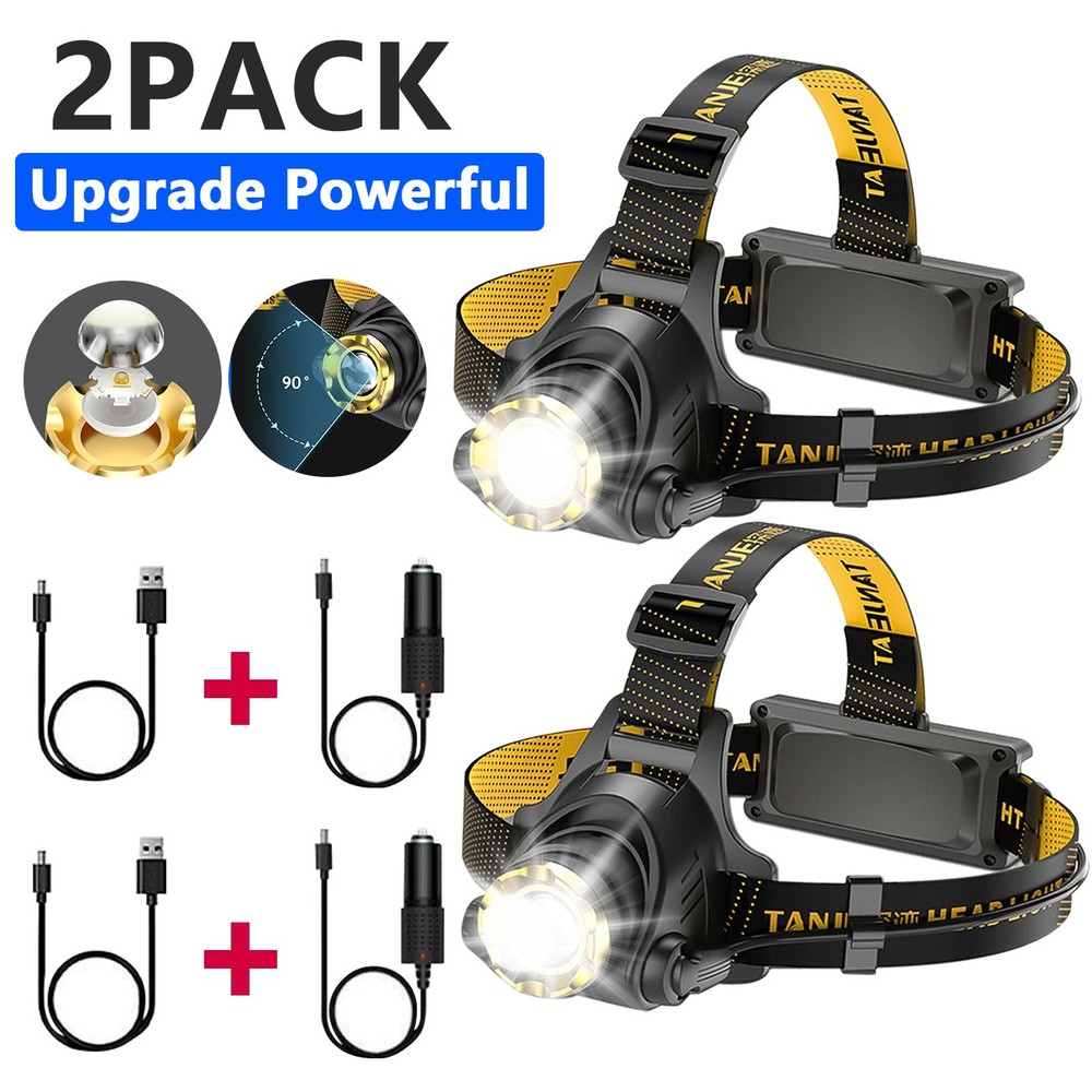 2 Pack 1200000lm LED Headlamp Headlight Flashlight Adjustable Head Torch 3 Modes