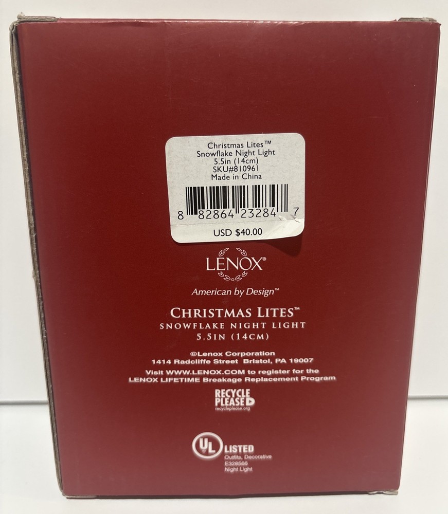LENOX Christmas Snowflake Night Light Porcelain - Tested