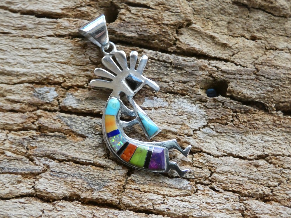 TWO Sided BuffaloTurquoise Multi Gemstone Kokopelli Sterling Silver Pendant AE90