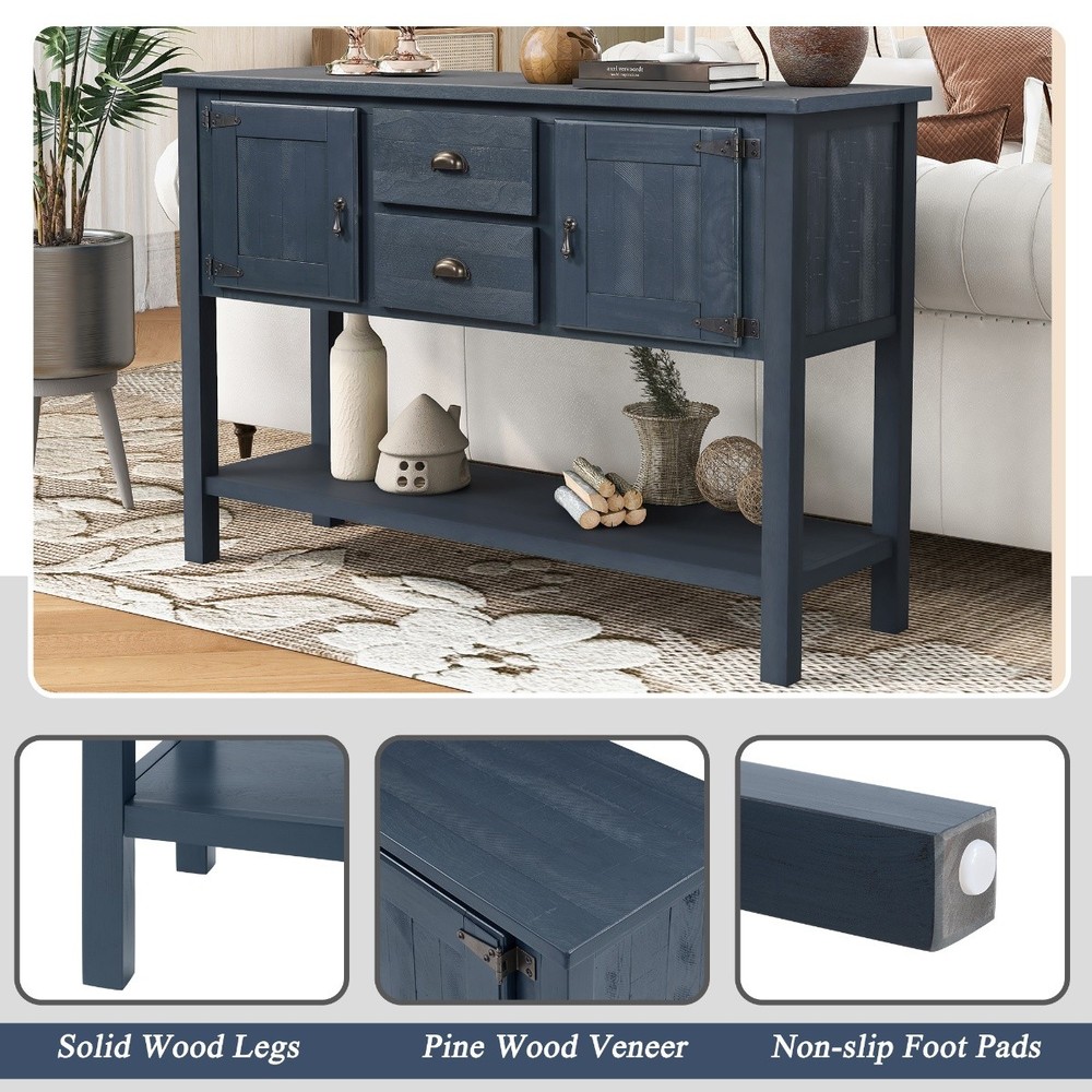 46'' Retro Solid Wood Sideboard Console Table w/Bottom Shelf & Storage Cabinets