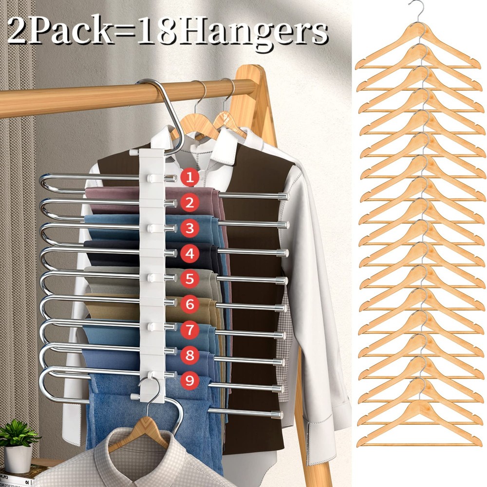 9 Layers Pants Hangers Space Saving, 2 Pack 2 Pack, Antiquewhite