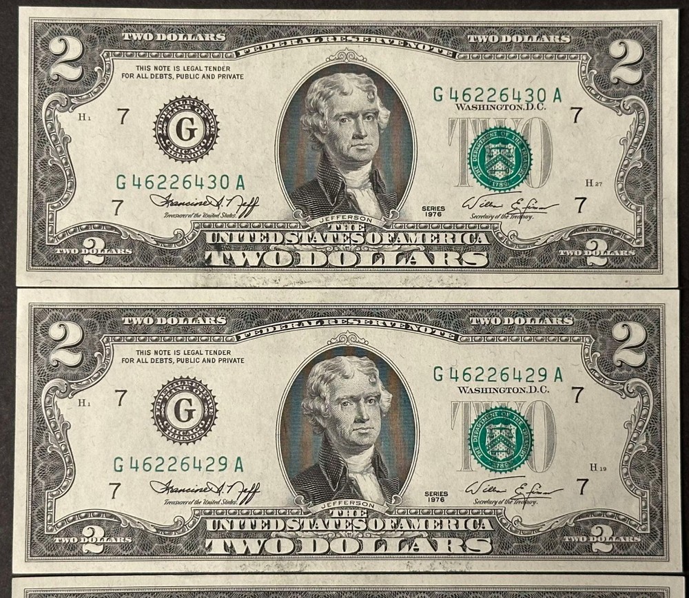 (4) Consecutive 1976 $2 Dollar Bills / Misaligned 3rd print Error / Uncirculated