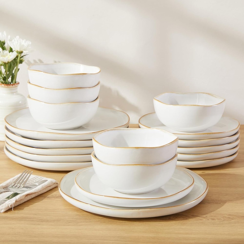 18 Piece White Reactive Glaze Dinnerware Set for 6, Irregular Coastal Shape Ston