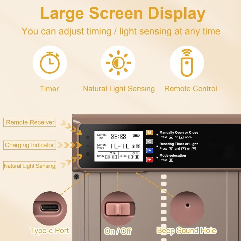 Solar-Powered Automatic Chicken Coop Door with LCD & Remote Control, 8.2' Width
