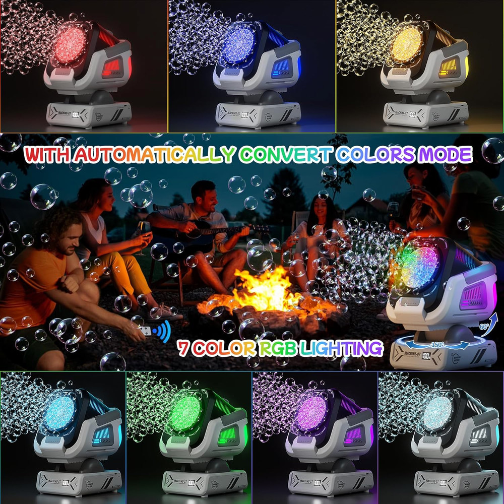Upgraded Bubble Machine with Remote Control, Automatic Rotation & RGB Lights, 18