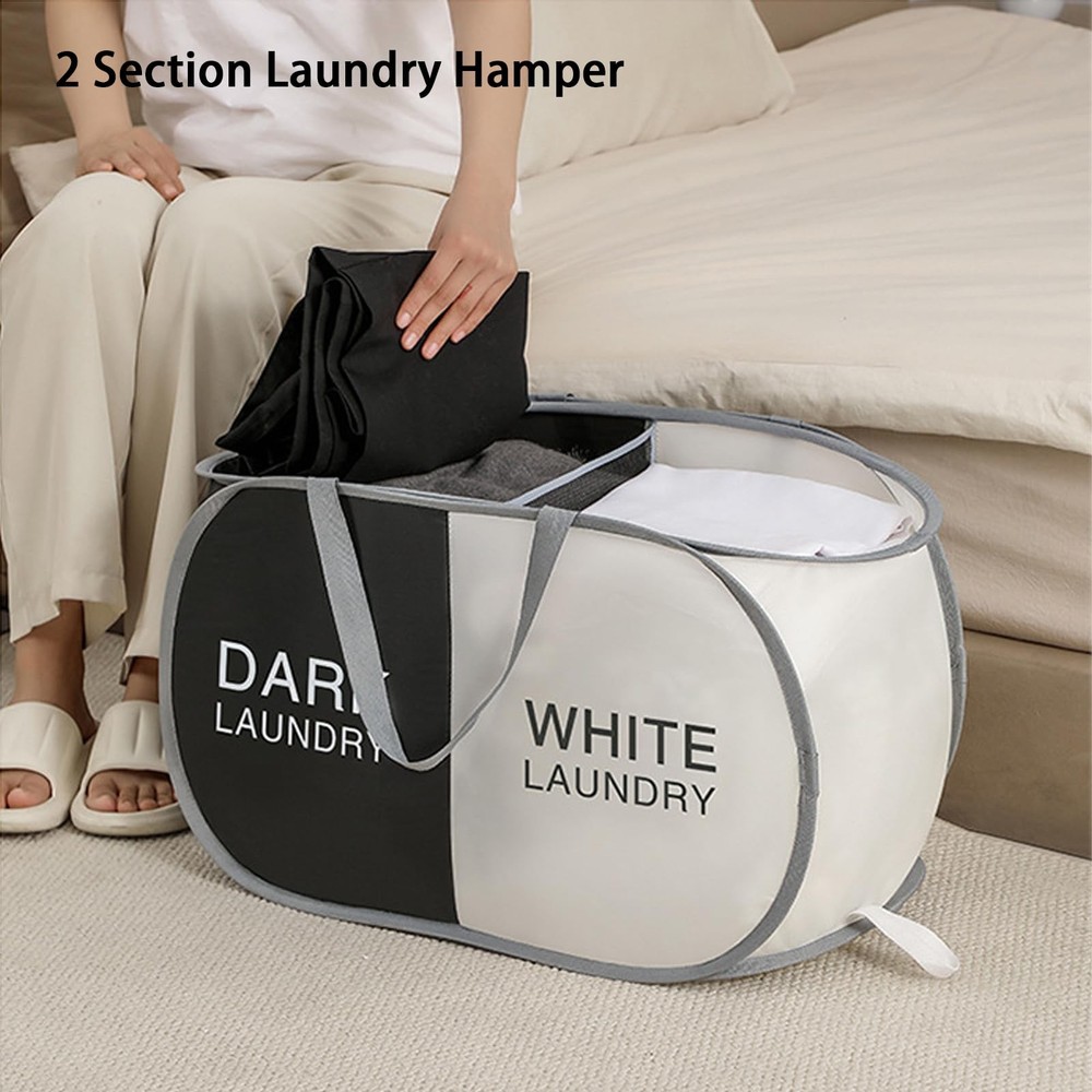 Pop Up Laundry Hamper 2 Section Collapsible Basket Black Beige Compartment
