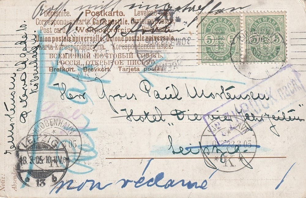 DENMARK: Postcard to Germany 1905. Redirected, arr.canc.