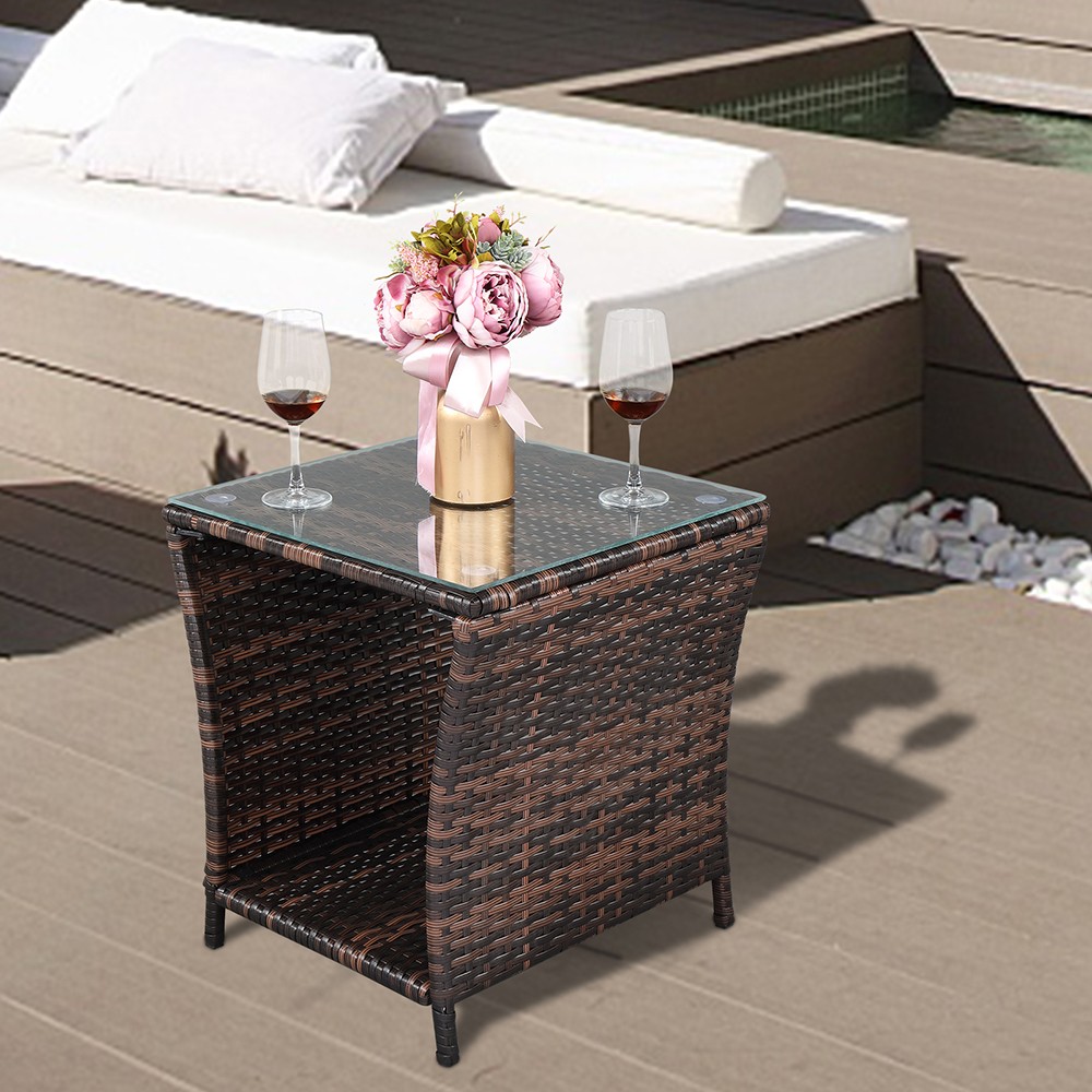 Glass Surface Brown Gradient Iron Frame Rattan Side Table,free ship