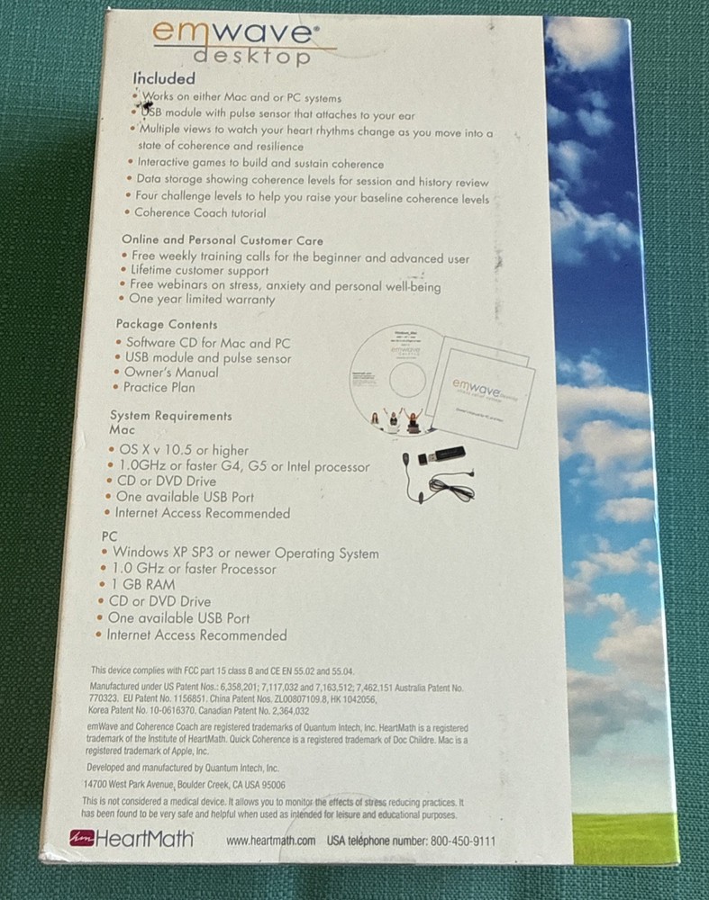 Heartmath EmWave Desktop (PC Or Mac) Software CD Pulse Sensor New Sealed
