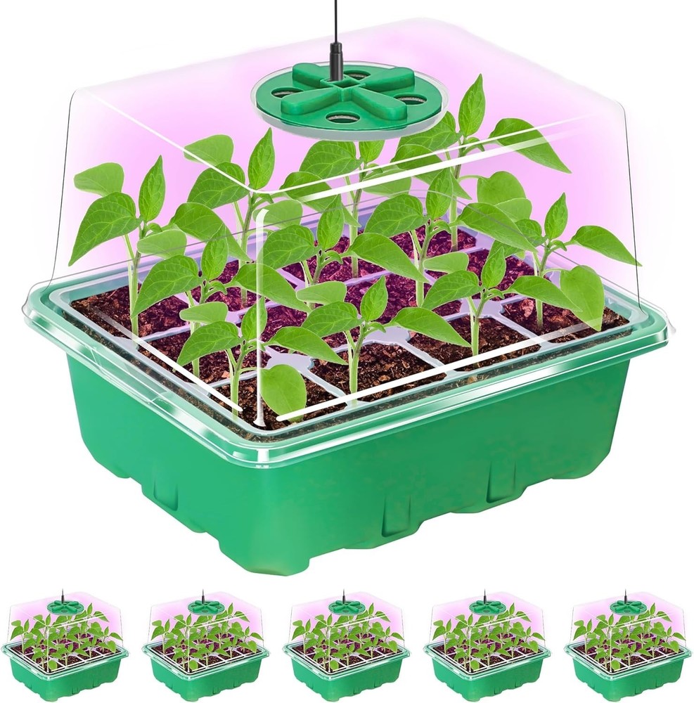 5 Pack Elevated Seedling Trays with Adjustable Humidity Domes & LED Growth Light