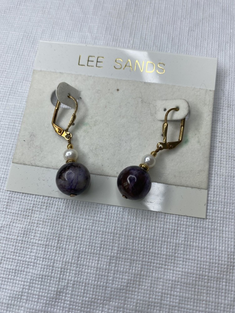 Lee Sands Daggle Earrings Gold Purple Pearl Drop Statement Earring