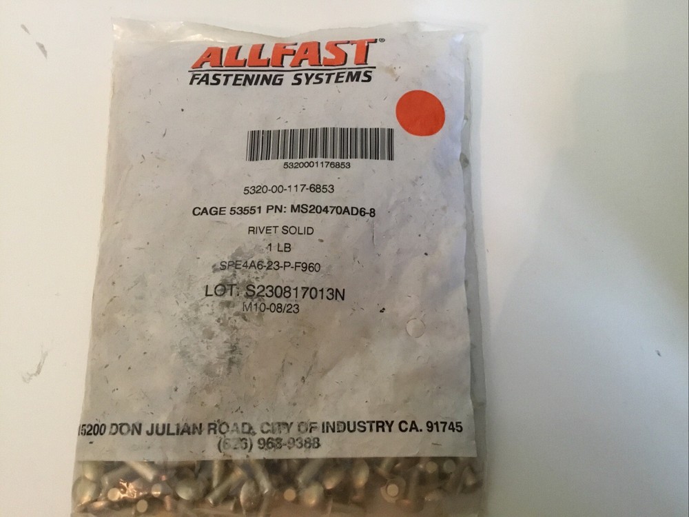 ALLFAST Solid Rivets ~ 1 lb Bag ~ MS20470AD6-8 ~ Aluminum Rivets - Military