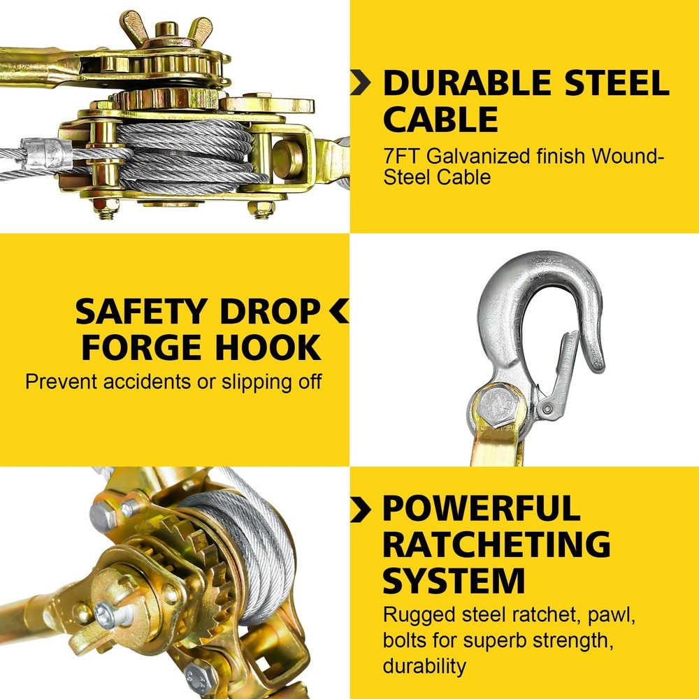 SENKEYFE Come Along Winch Puller 3T 10FT, Cable Hoist Winch Puller with 2 Hooks,