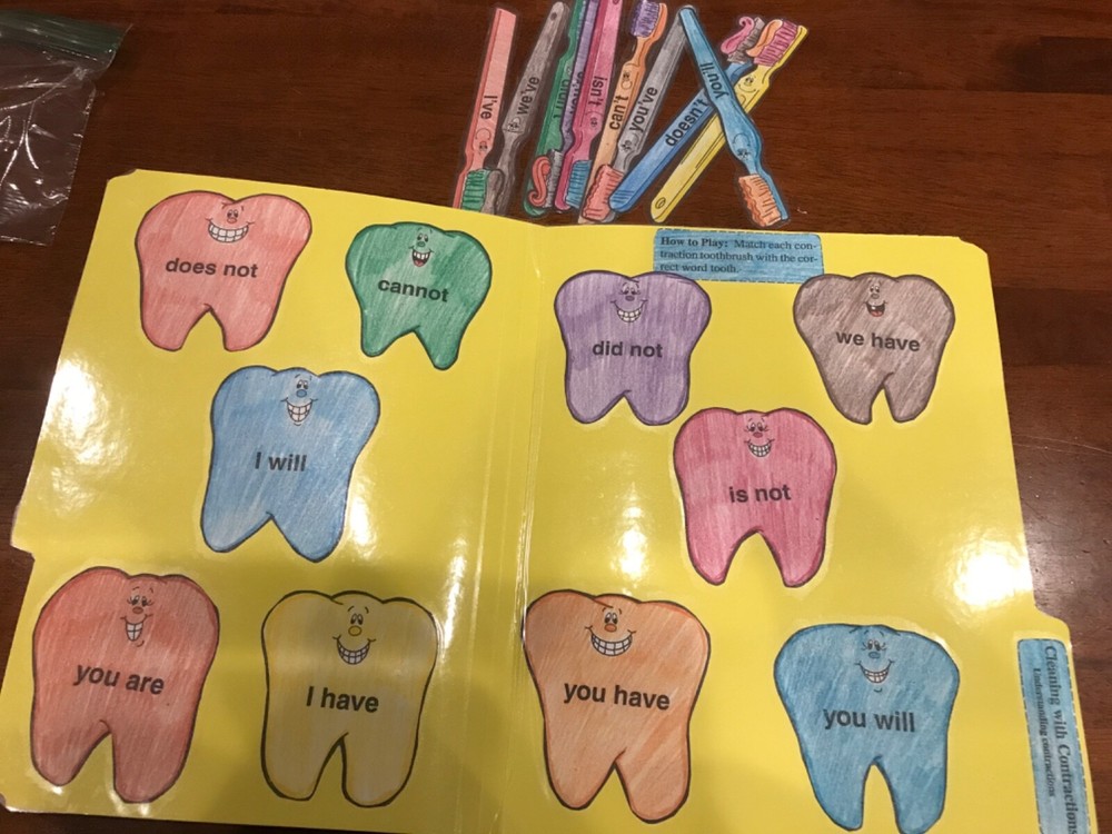 Cleaning with Contractions! 1st grade language arts file folder game