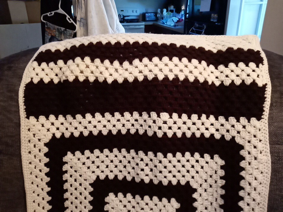 Crocheted Lap Blanket 24" X 48" Brown/White Handmade