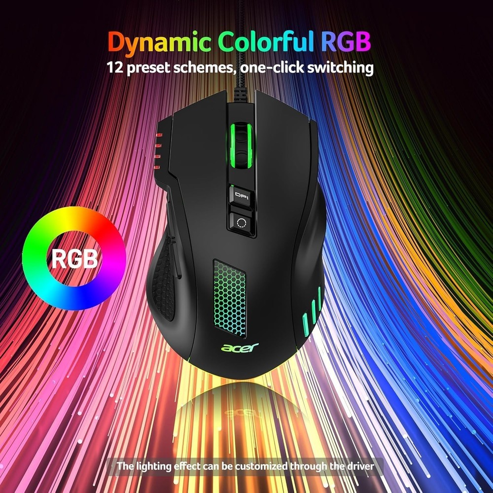 Wired Gaming Mouse, 12,800 DPI RGB Ergonomic Computer Mouse with Optical Sensor,