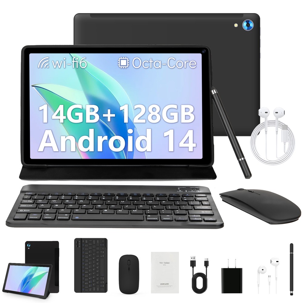 10.1 inch Android 14 Tablets IPS HD Touchscreen Octa-Core 10+128GB Dual Camera