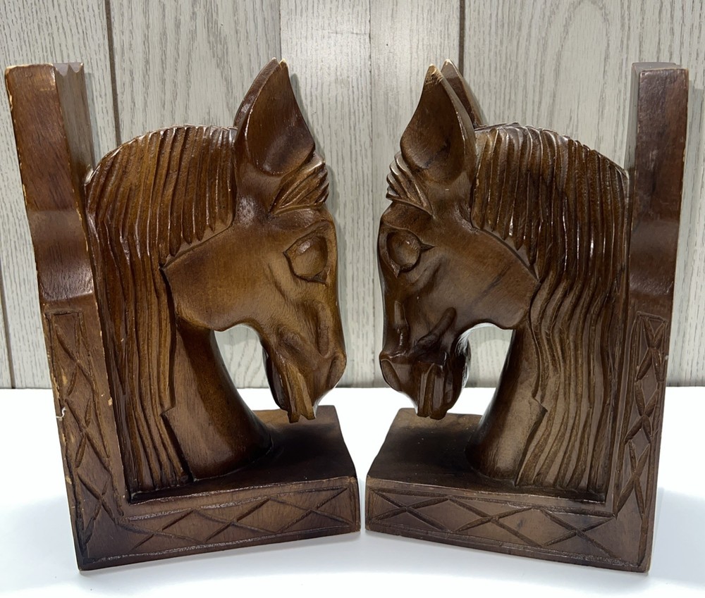 Vintage Pair Monkey Pod Solid Wood Horse Bookends Rustic GUC
