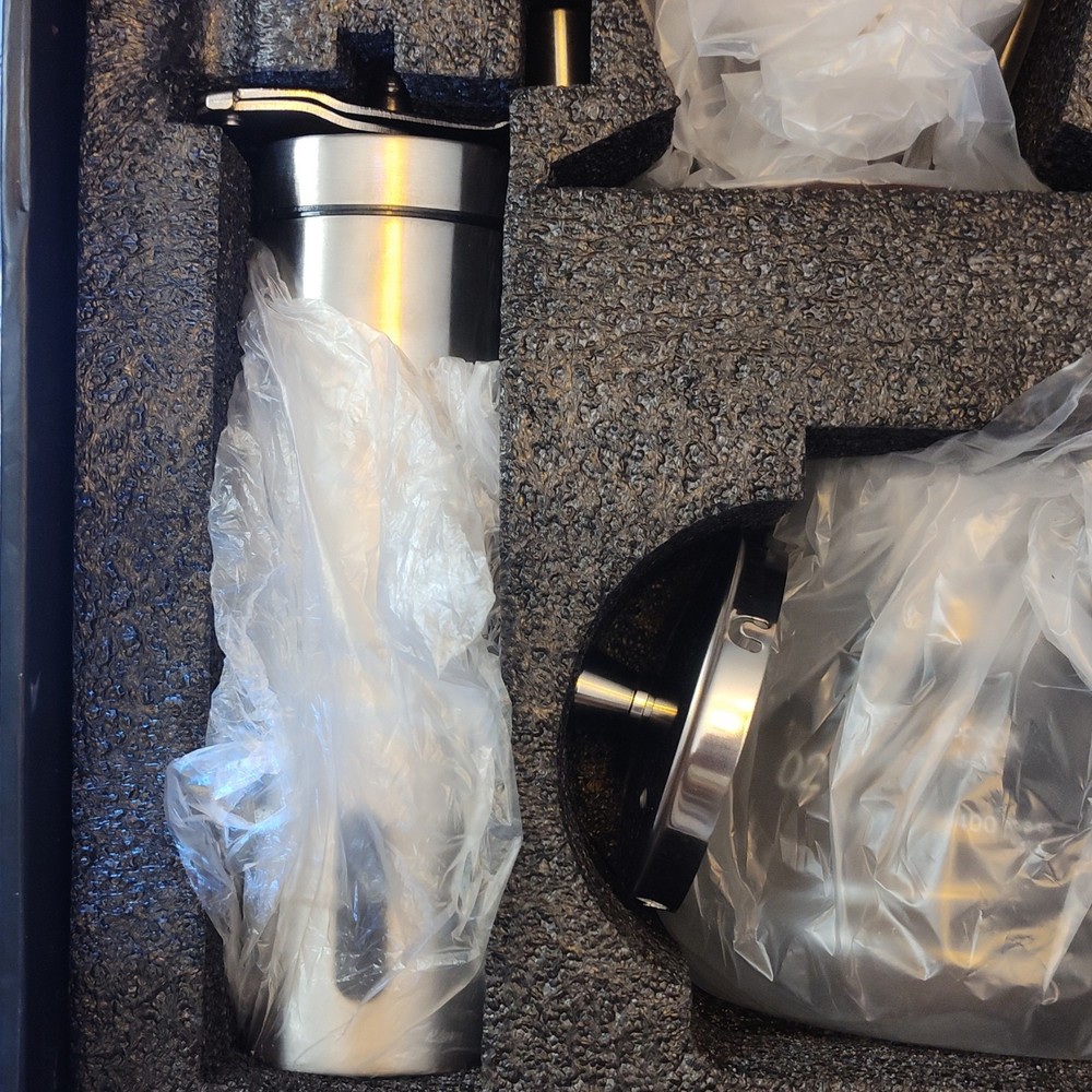 Manual Coffee Maker Set with Grinder, Kettle, Filter, Thermometer, Cups, Silver