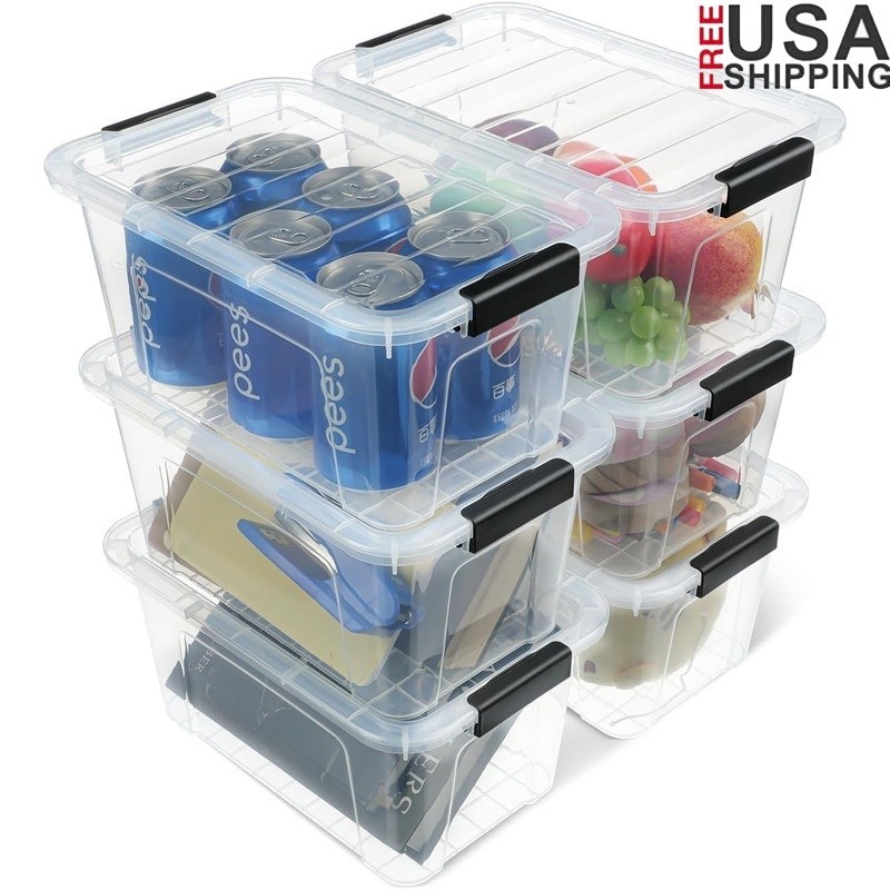 Clear Storage Bins Stackable Plastic Containers W/ Buckle Lids Organizing New