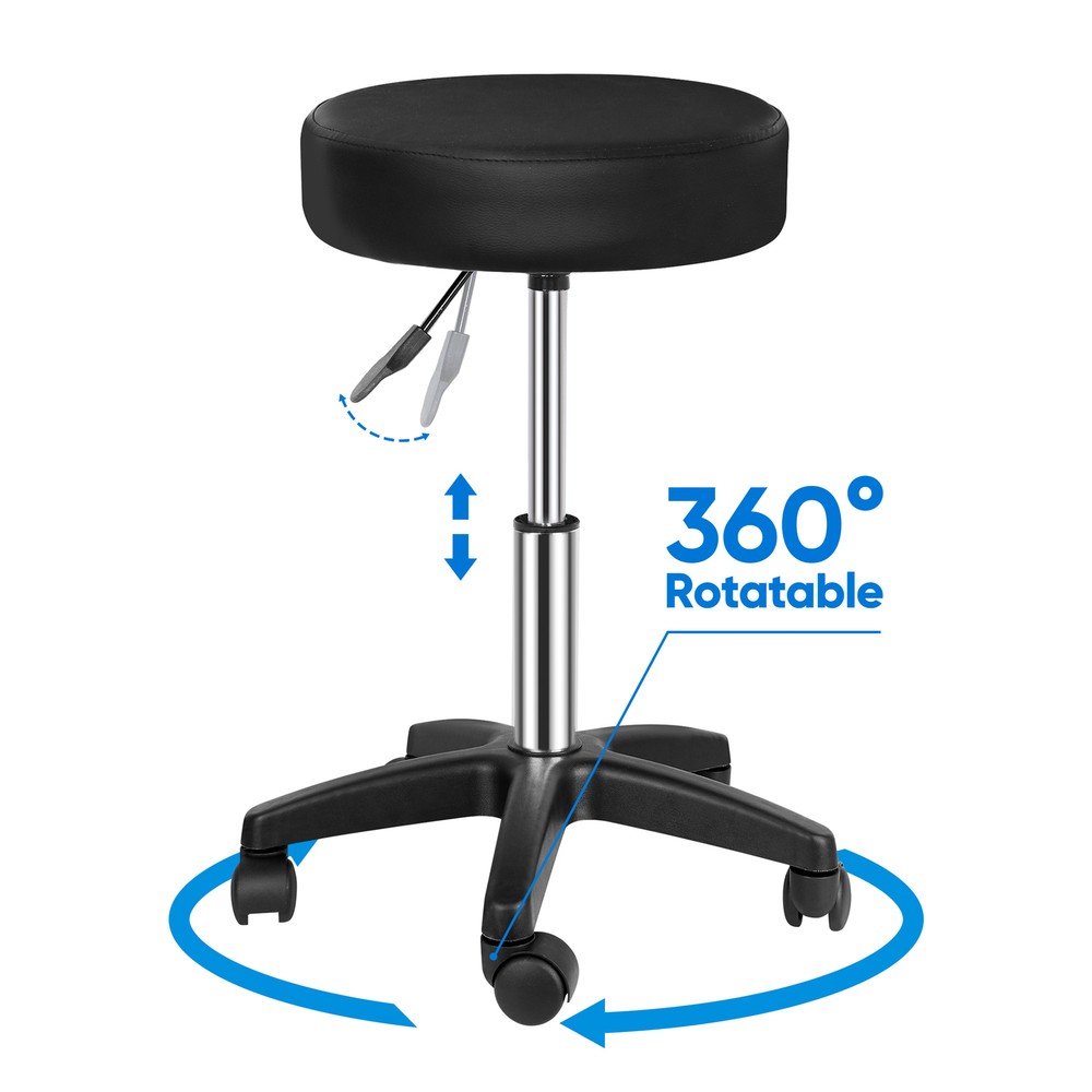 Round Rolling Stool PU Leather Height Adjustable Swivel Salon Stools with Wheels
