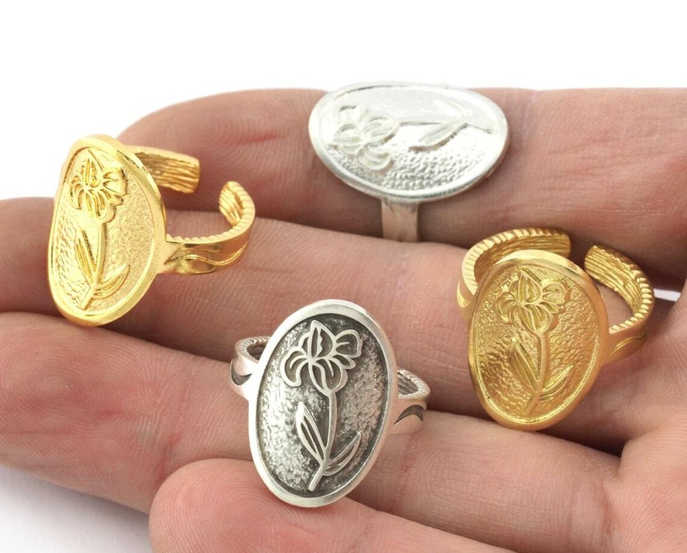 Birth Monthly Flower (February Iris) Adjustable Ring Raw Solid Brass 8us 5321