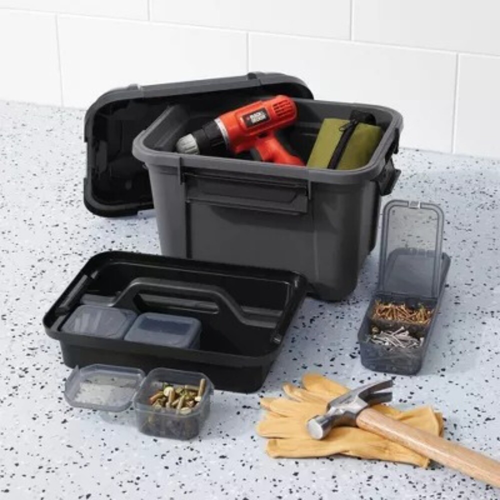 Tool and Hardware Latching Storage Box: Multi-Compartment Tote, 18L Capacity