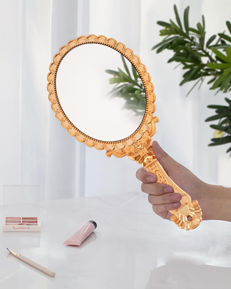 Vintage Handheld Mirror with Handle - Gold, Travel Size