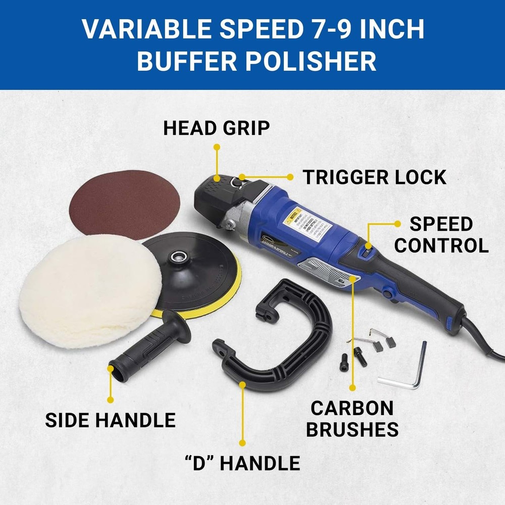 Variable Speed 7-9" Buffer Polisher 10 AMP Motor with Brushes D handle