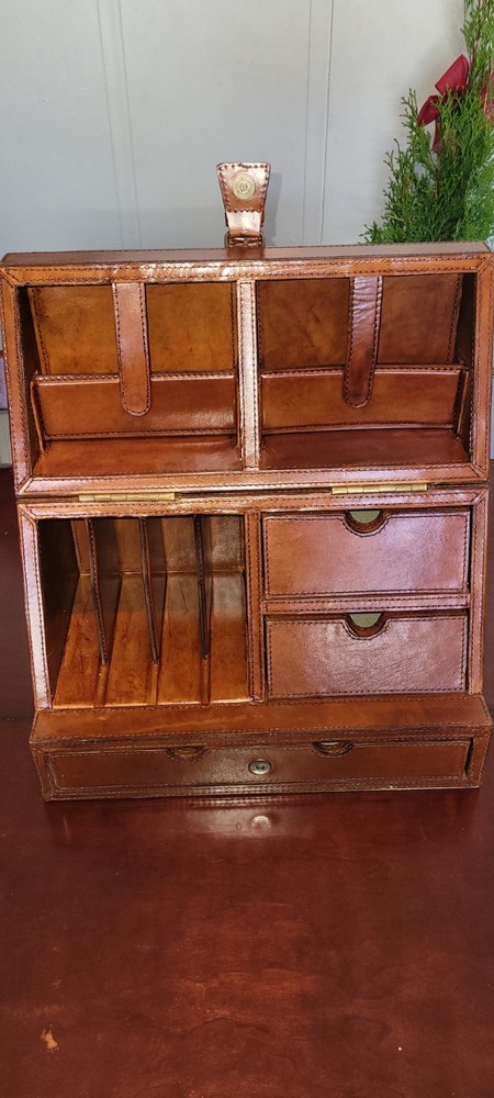 Antique Leather Bound Desk Organizer With Buckle Lock