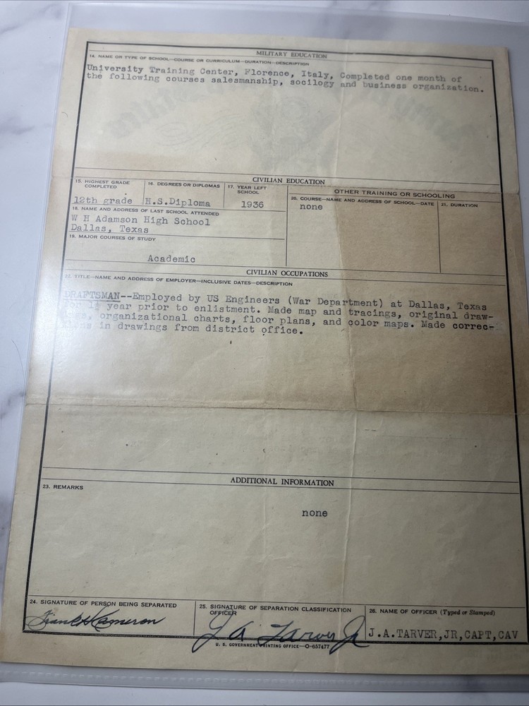 WW2 Separation Qualification Record 1945 Frank Cameron